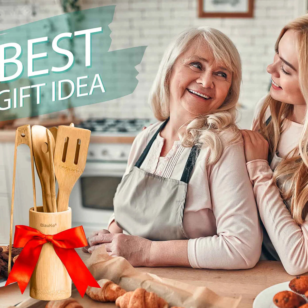 Bamboo Kitchen Utensils Set 8-Pack - Wooden Cooking Utensils for Nonstick Cookware - Wooden Cooking Spoons, Spatulas, Turner, Tongs, Utensil Holder