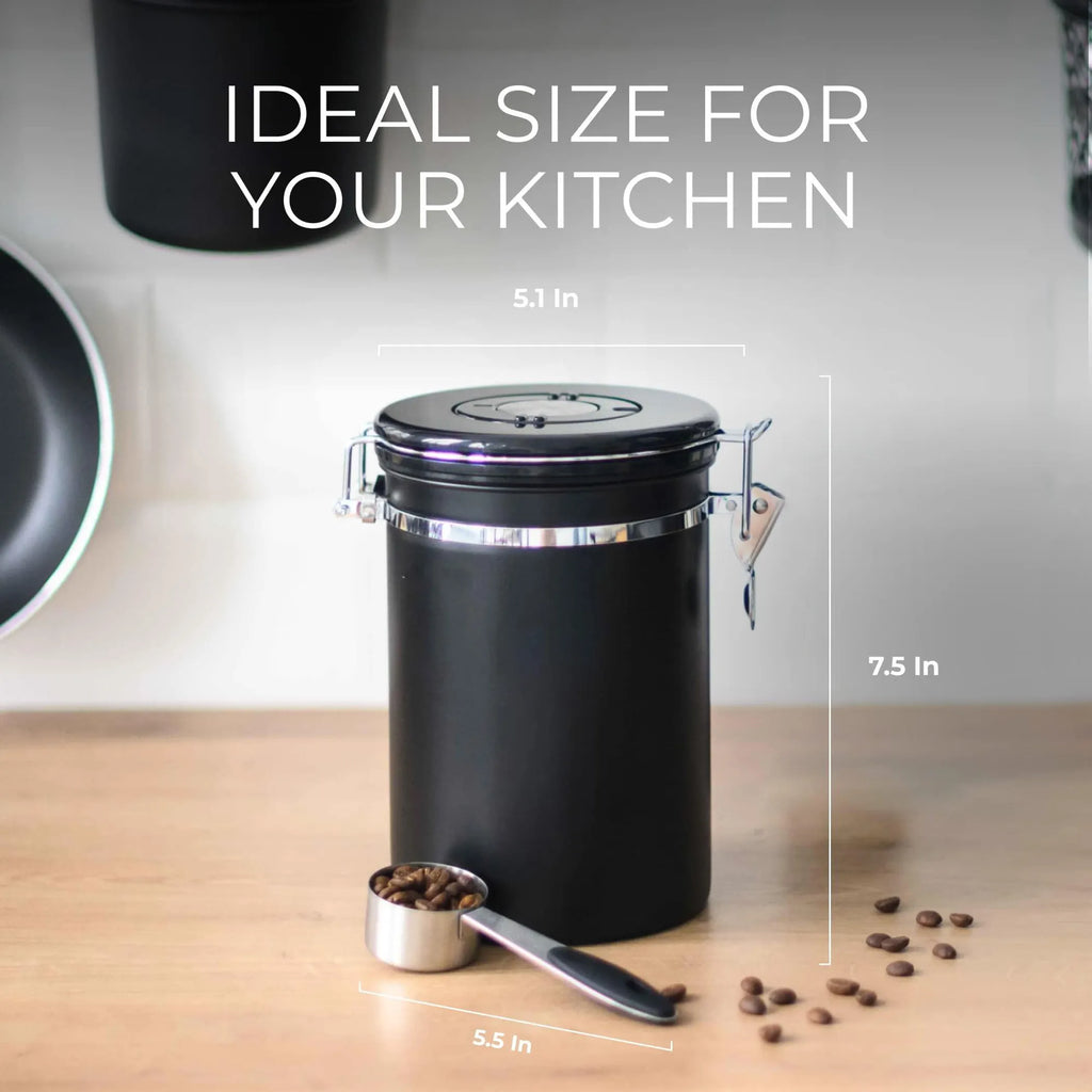 Stainless Steel Coffee Canister 21oz Airtight Kitchen Food Storage Container with Date Tracker CO2 Release Valve and Measuring Scoop For Ground Coffee