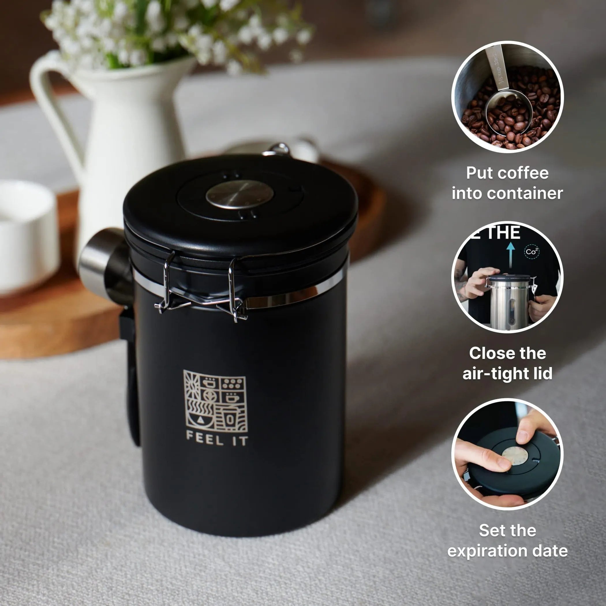 Stainless Steel Coffee Canister 21oz Airtight Kitchen Food Storage Container with Date Tracker CO2 Release Valve and Measuring Scoop For Ground Coffee