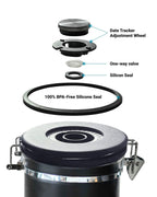 Stainless Steel Coffee Canister 21oz Airtight Kitchen Food Storage Container with Date Tracker CO2 Release Valve and Measuring Scoop For Ground Coffee