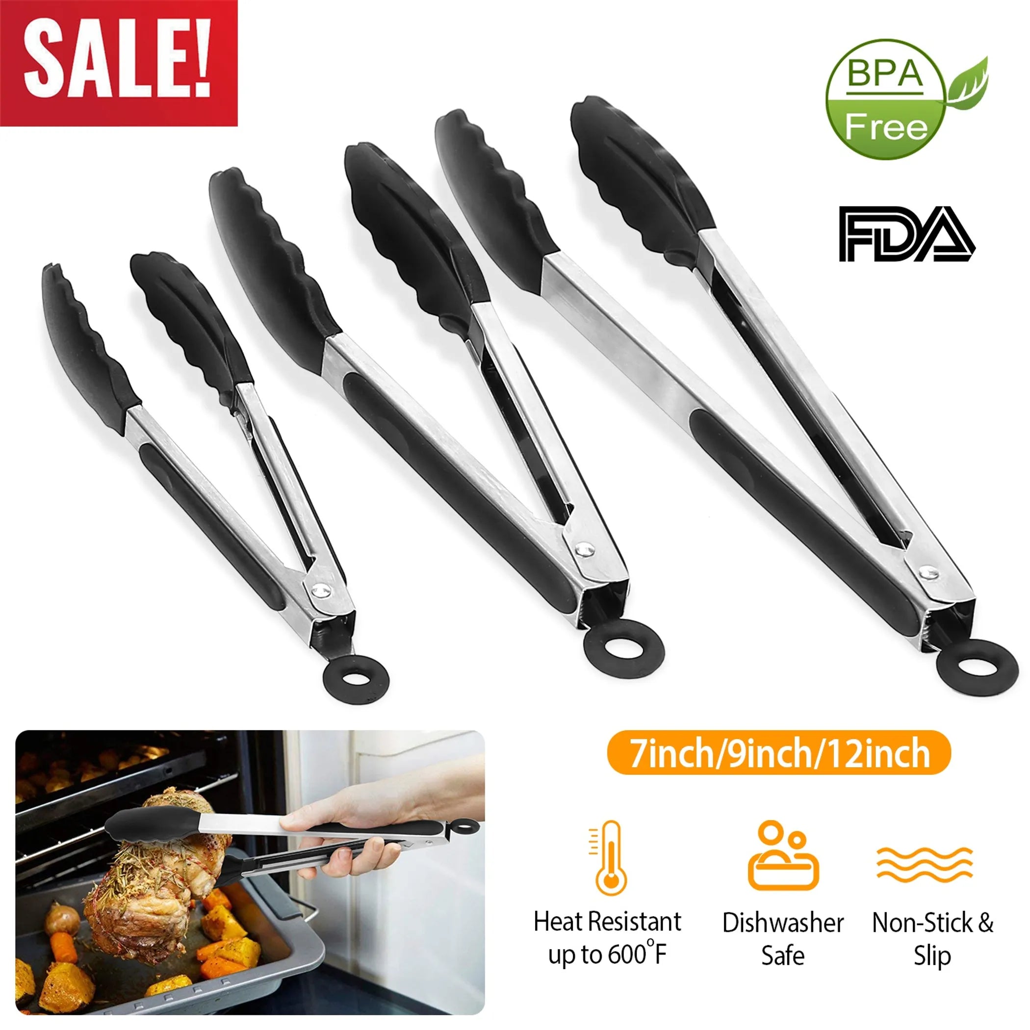 3Pcs Kitchen Tongs Stainless Steel Locking Food Tongs