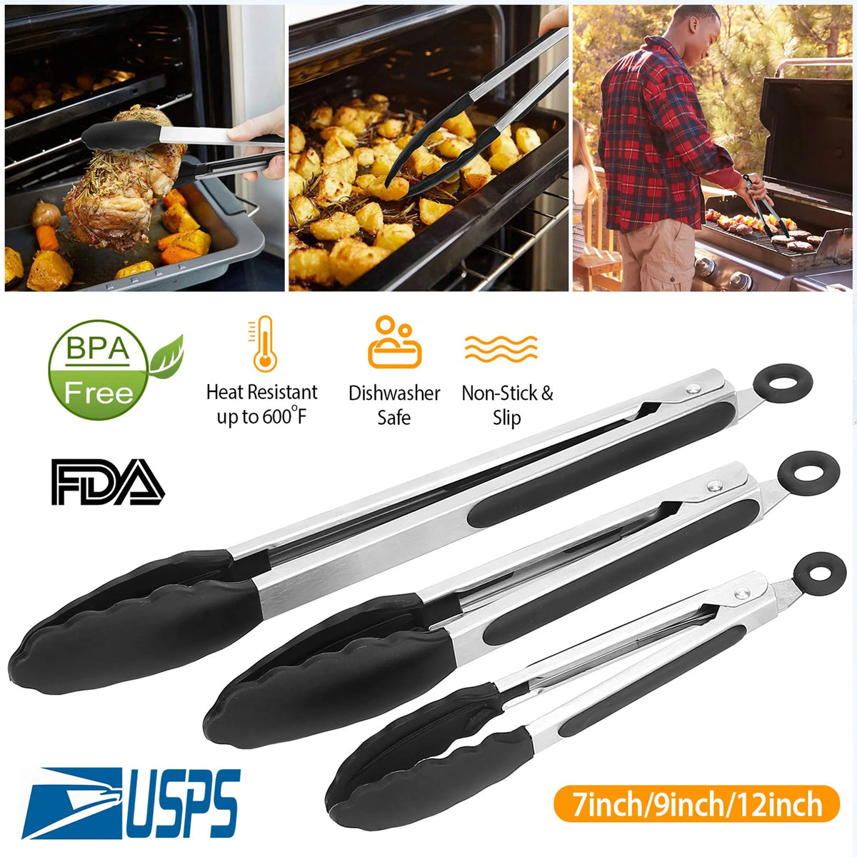 3Pcs Kitchen Tongs Stainless Steel Locking Food Tongs