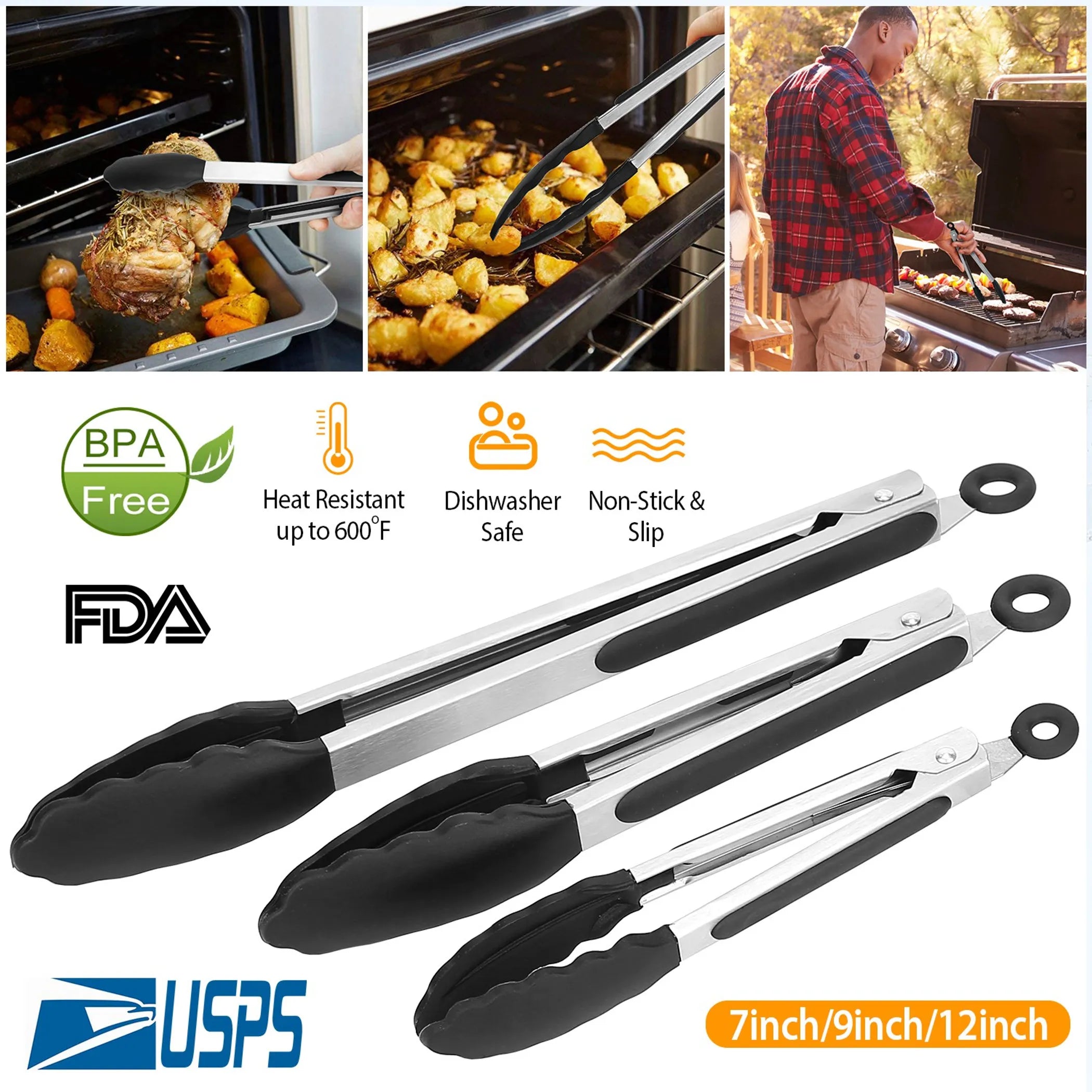 3Pcs Kitchen Tongs Stainless Steel Locking Food Tongs